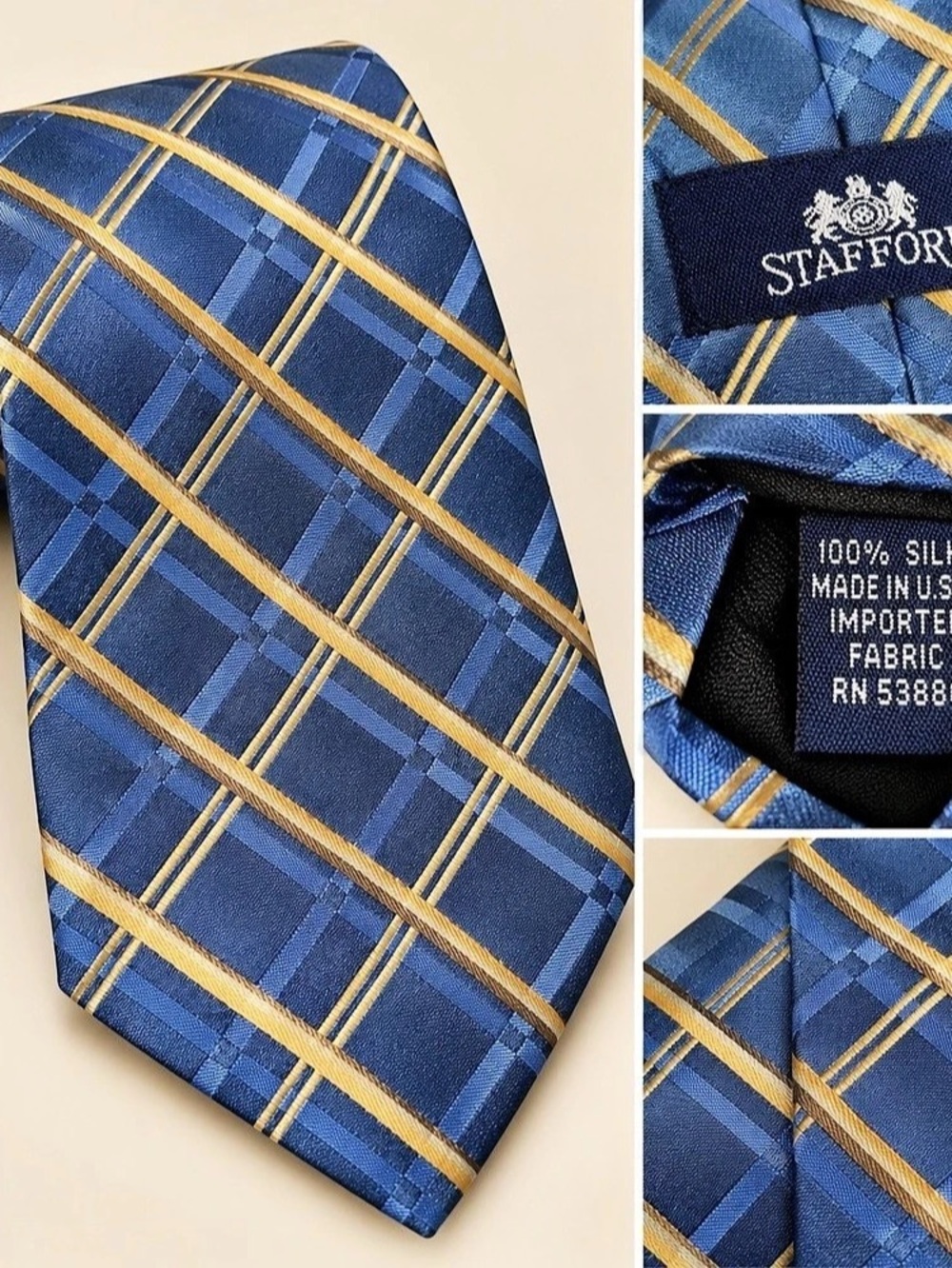 Stafford Plaid Silk Tie in Blue & Gold Like New